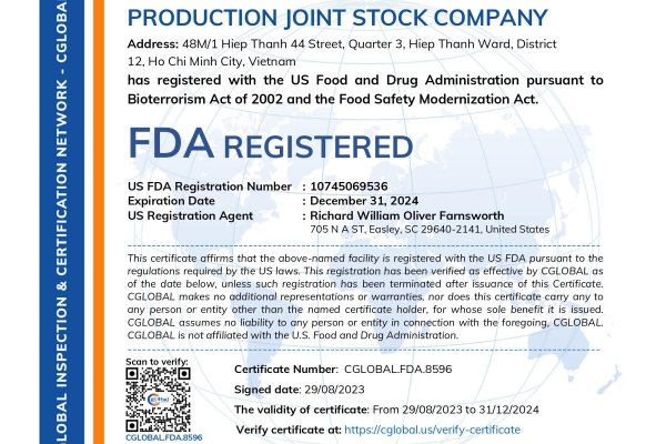 ĐẠT CHỨNG NHẬN FDA HOA KỲ